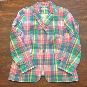 Talbots Plaid Blazer Womens 12 Pink Green Linen Cotton Madras Jacket Spring